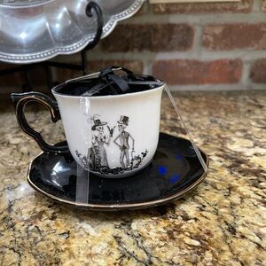 Potters Studio teacup and saucer - victorian dapper skeletons - Brand new!